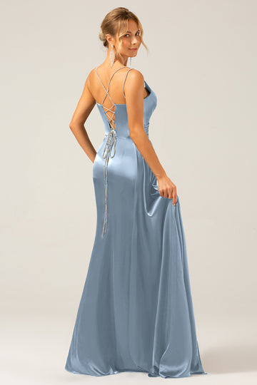 Zakurzony Błękit Cienkich Ramiączkach Sukienka Syrenka Na Studniówkę Z Rozcięciem